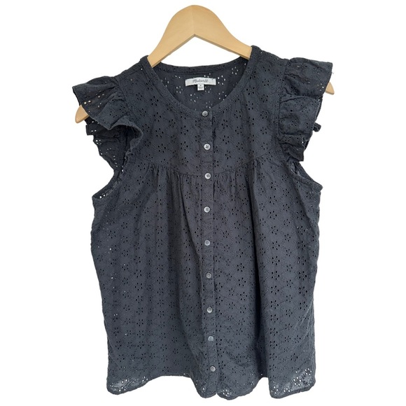 Madewell Eyelet Ruffle Sleeve Bib Top Black Button Down Size Medium - Picture 8 of 12